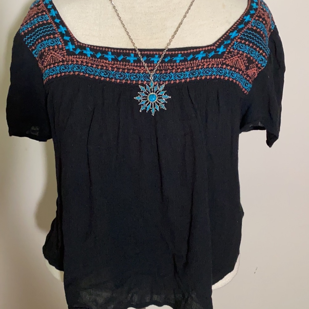 Forever 21 square neck gauze top blouse boho black Embroidered top tribal medium